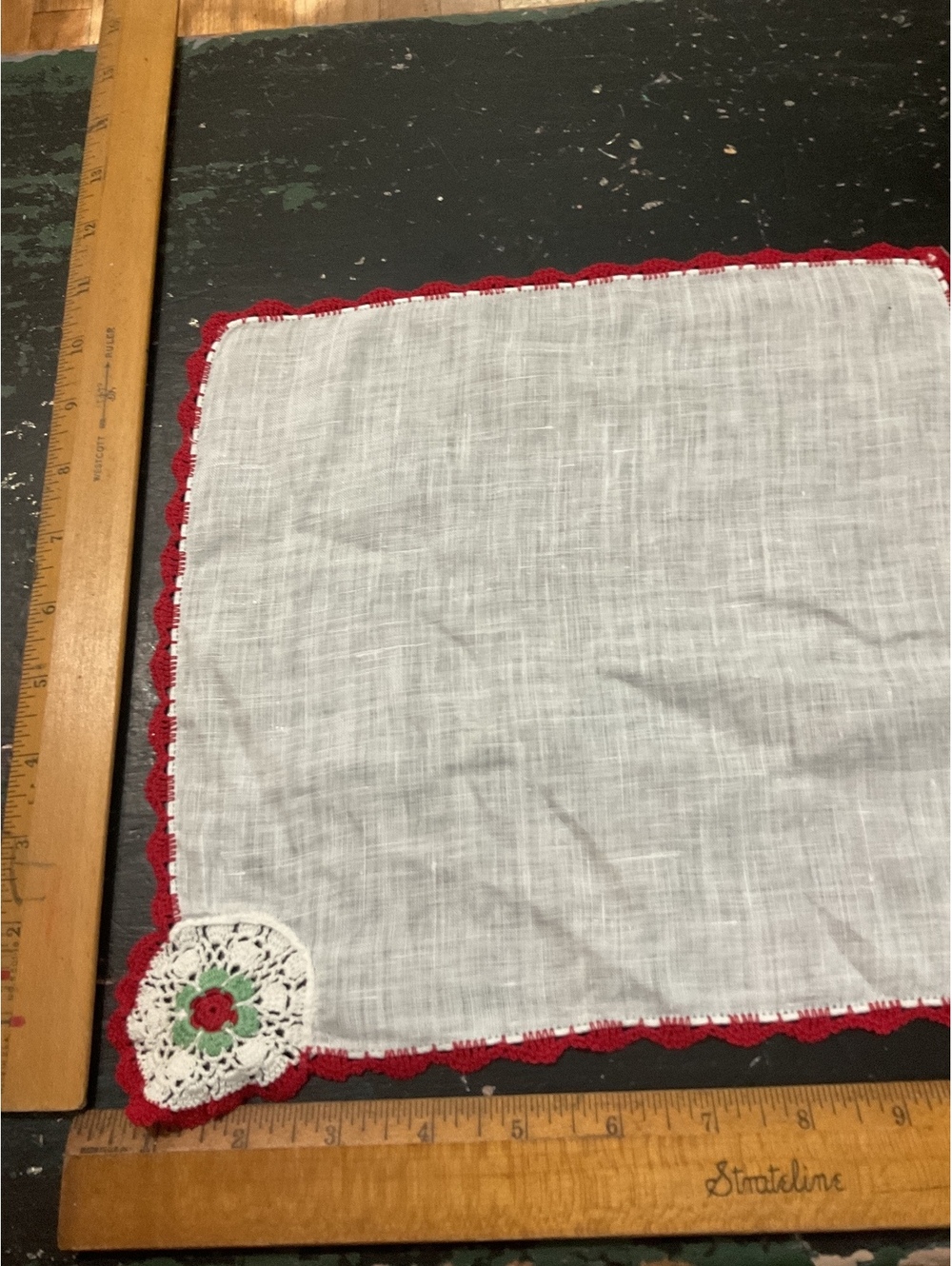 Vintage Handmade White Linen Handkerchief with Red Crochet Edging and Floral